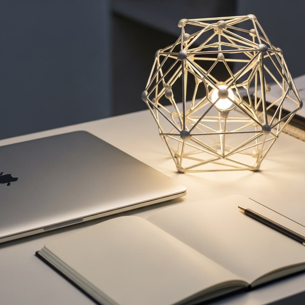 An organized, minimalist wooden desk with a closed silver laptop, a notebook, and a modern geometric decorative piece