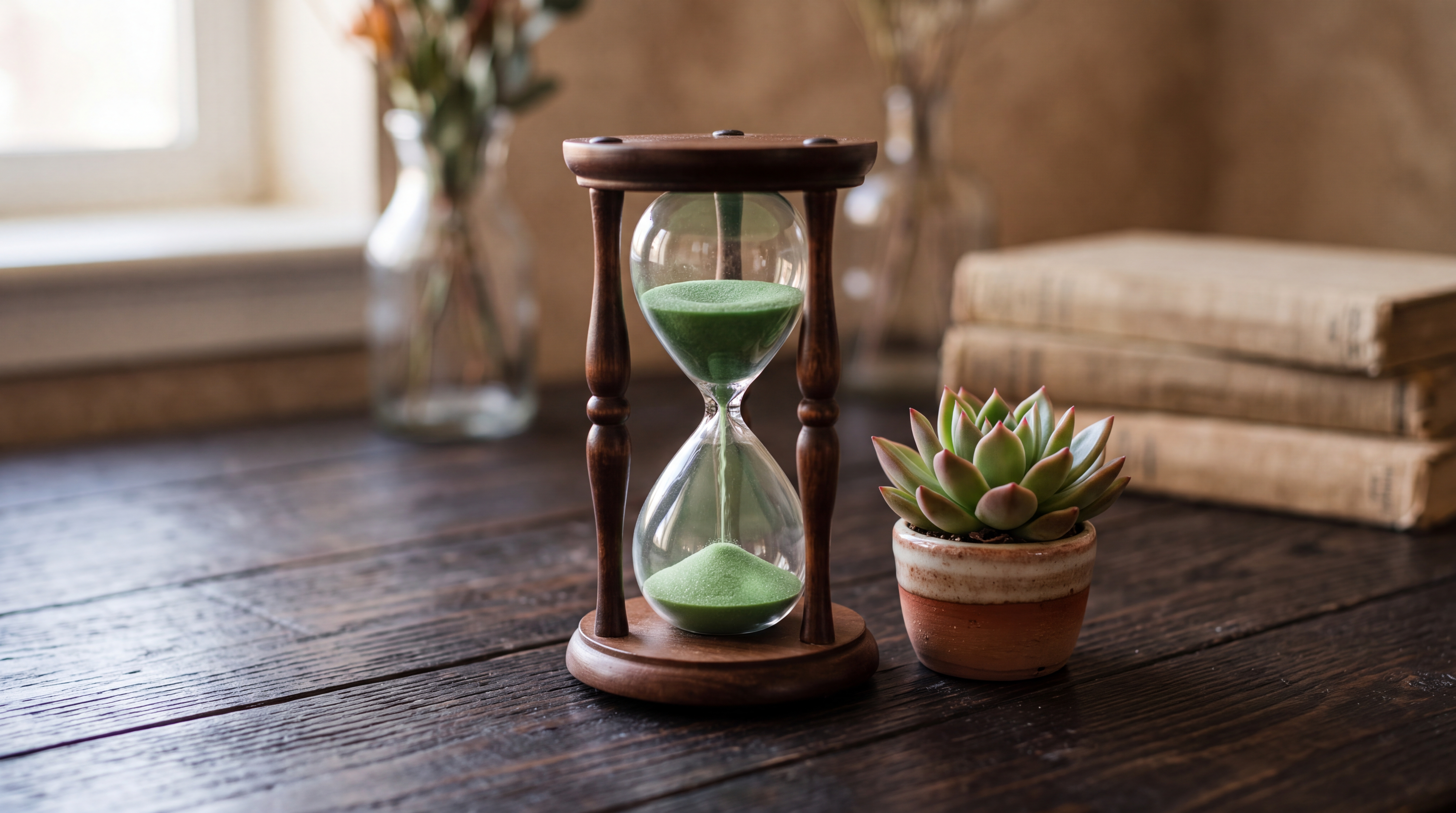 An hourglass with green sand next to a small potted succulent on a dark wooden desk