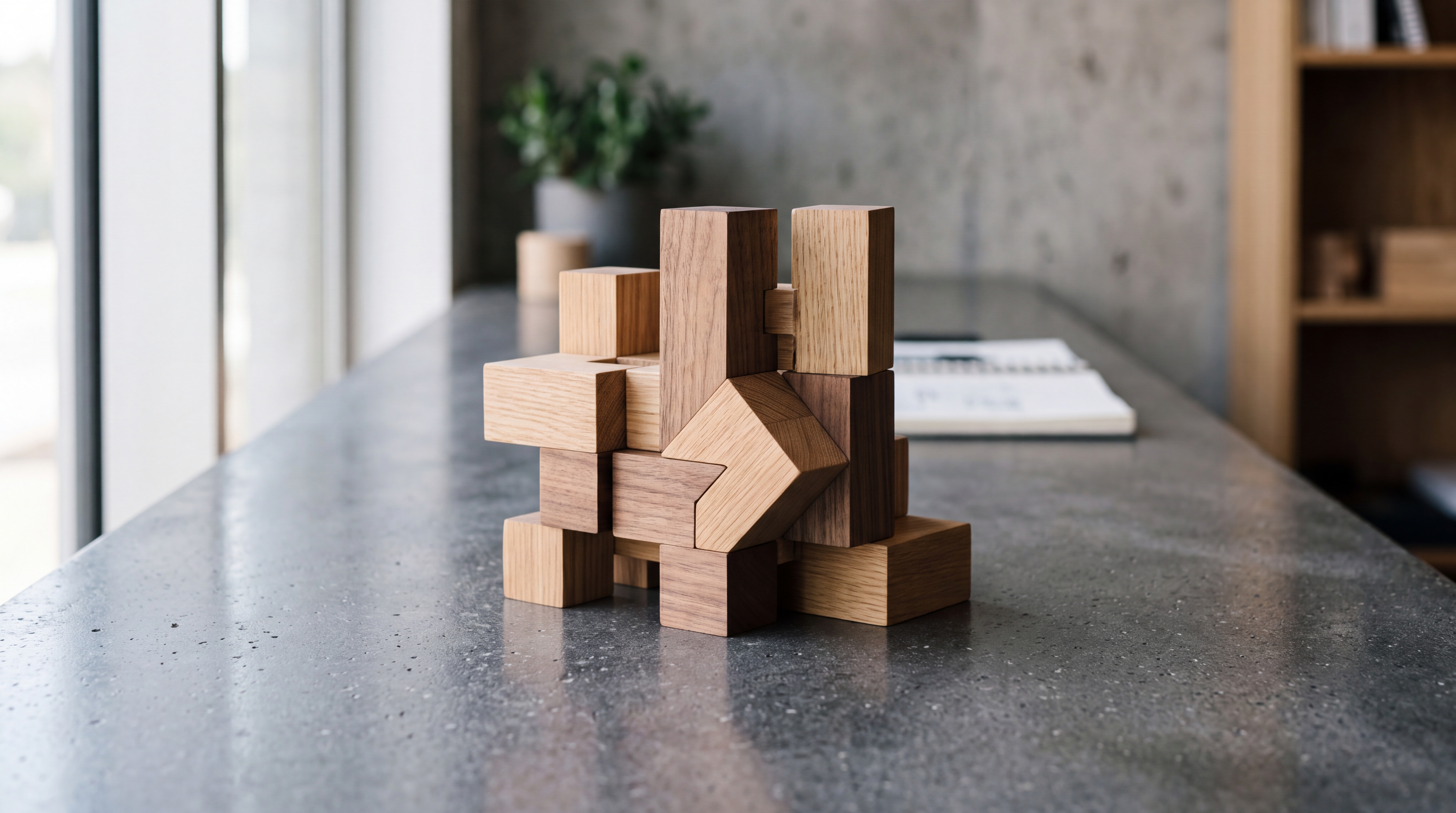 Minimalist interlocking wooden blocks arranged in a neat structure on a polished concrete surface