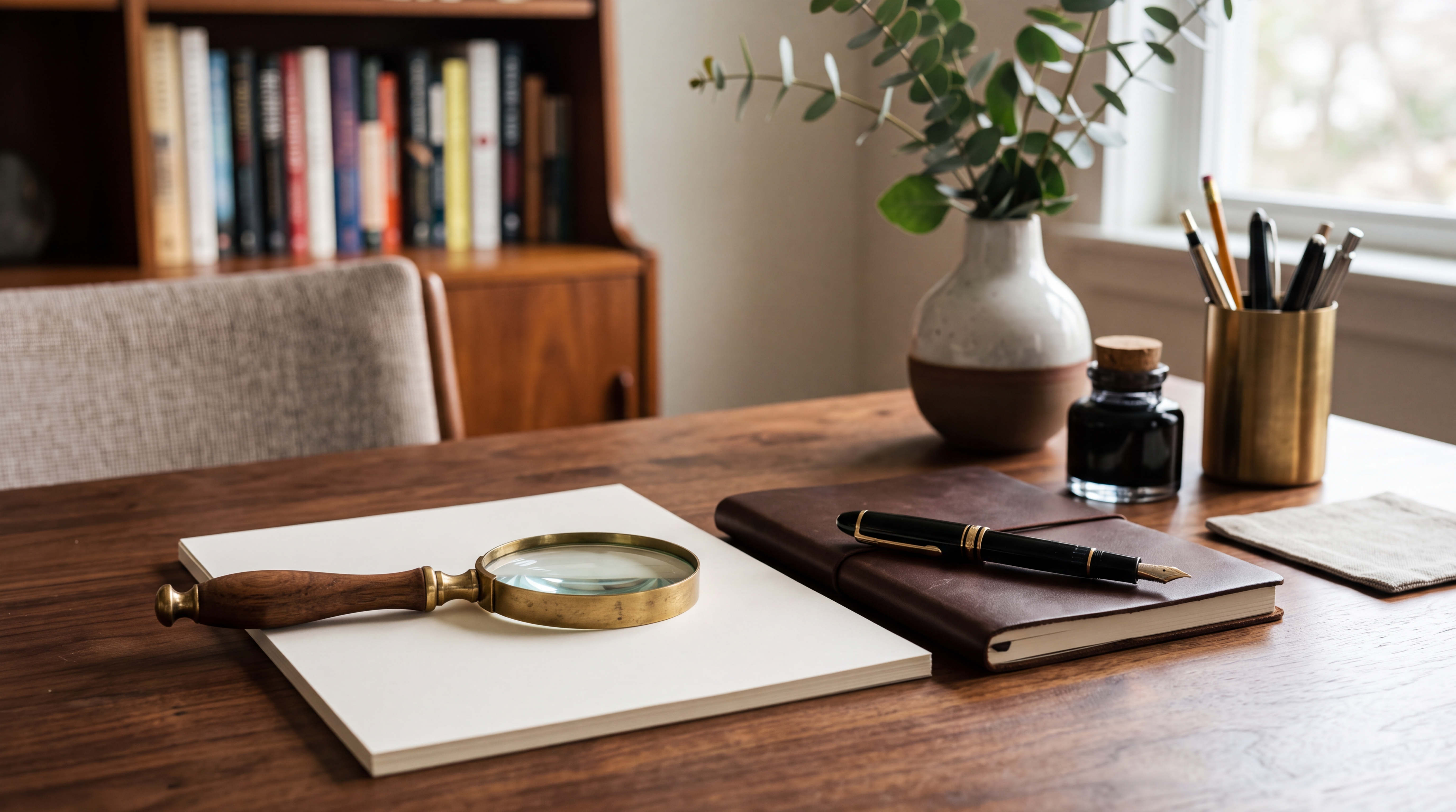 An elegant editorial desk featuring a brass magnifying glass and a fountain pen on a stack of blank paper