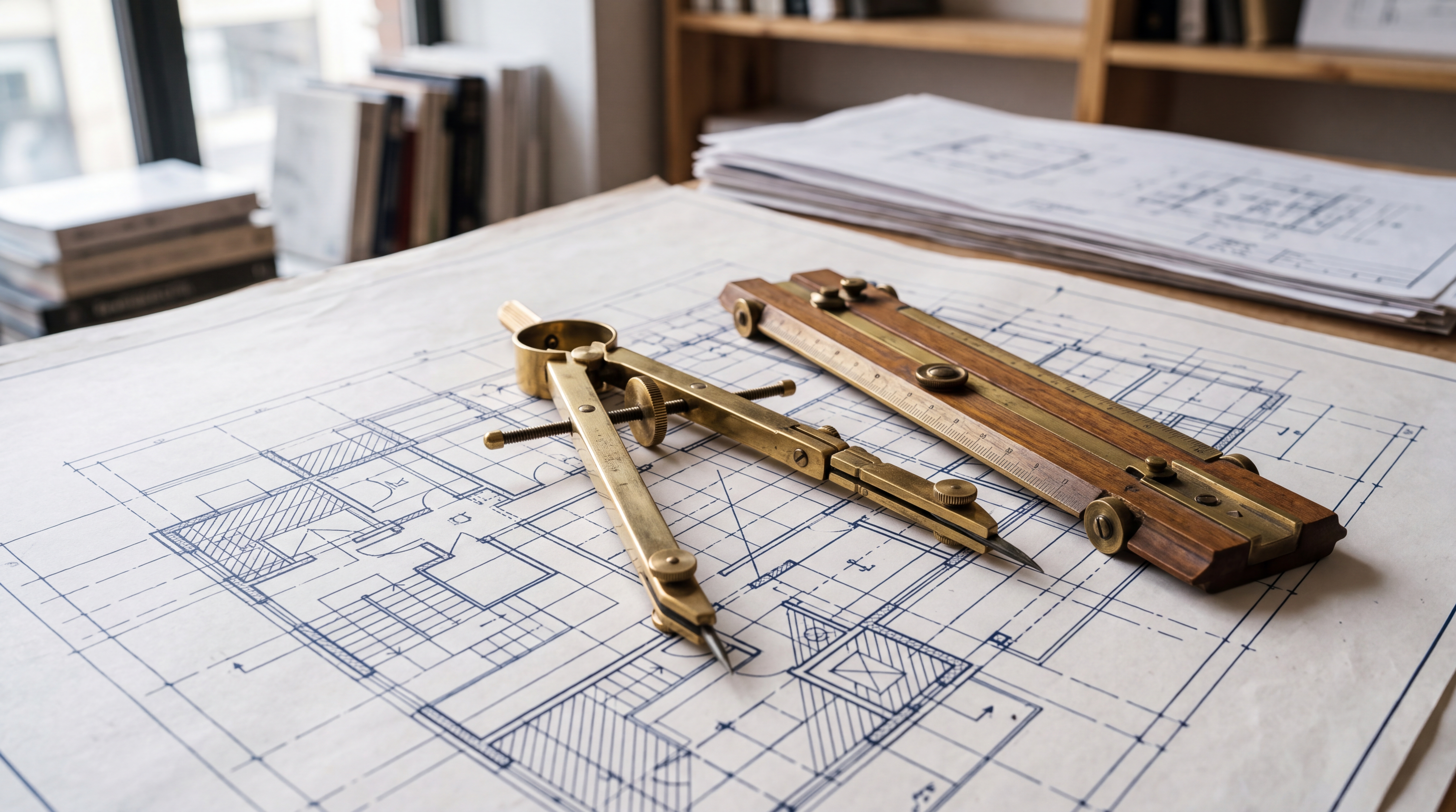 A brass compass and wooden ruler resting on a clean architectural blueprint with geometric drawings