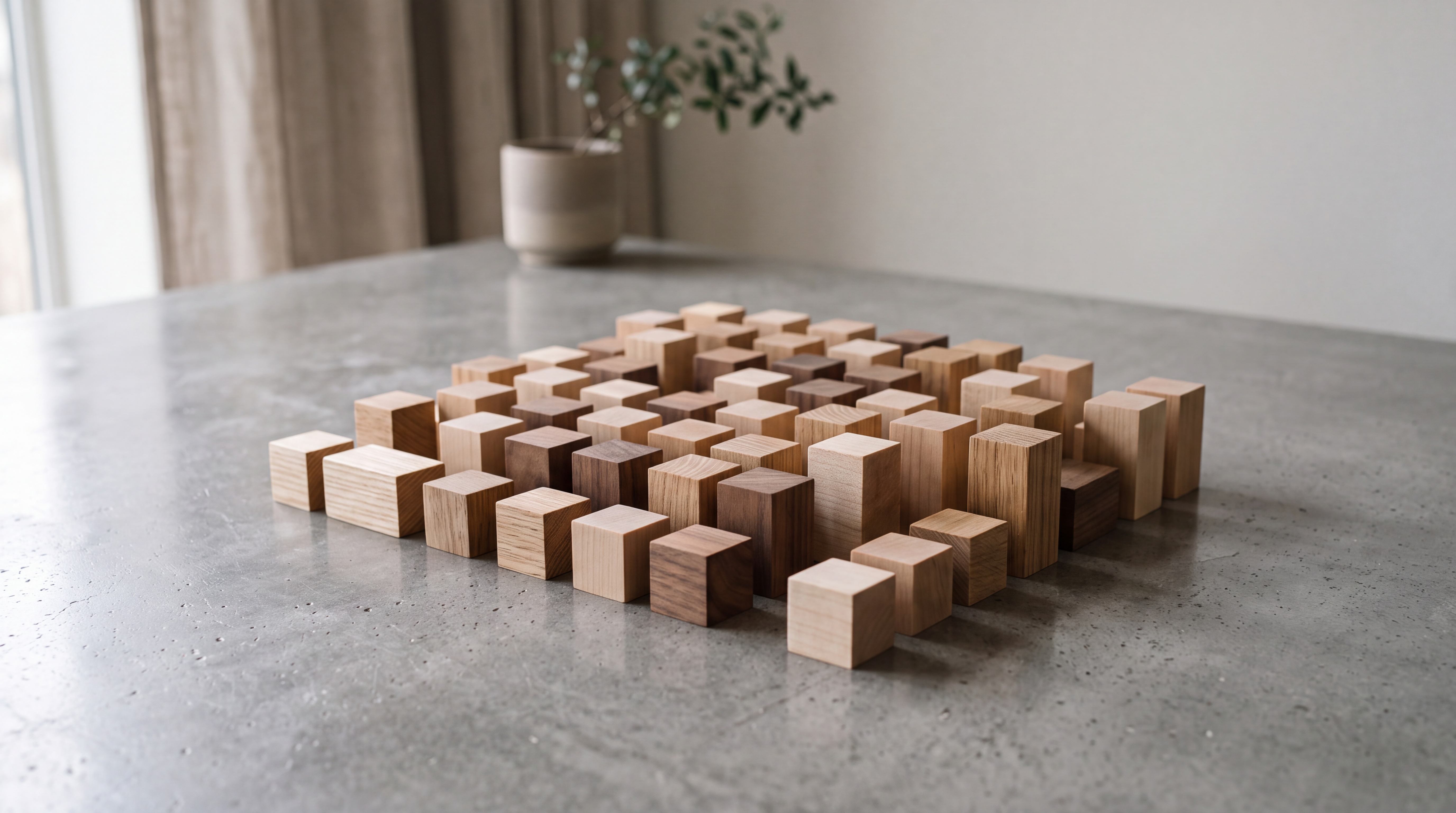A minimalist wooden grid structure on a polished concrete desk representing a structured framework