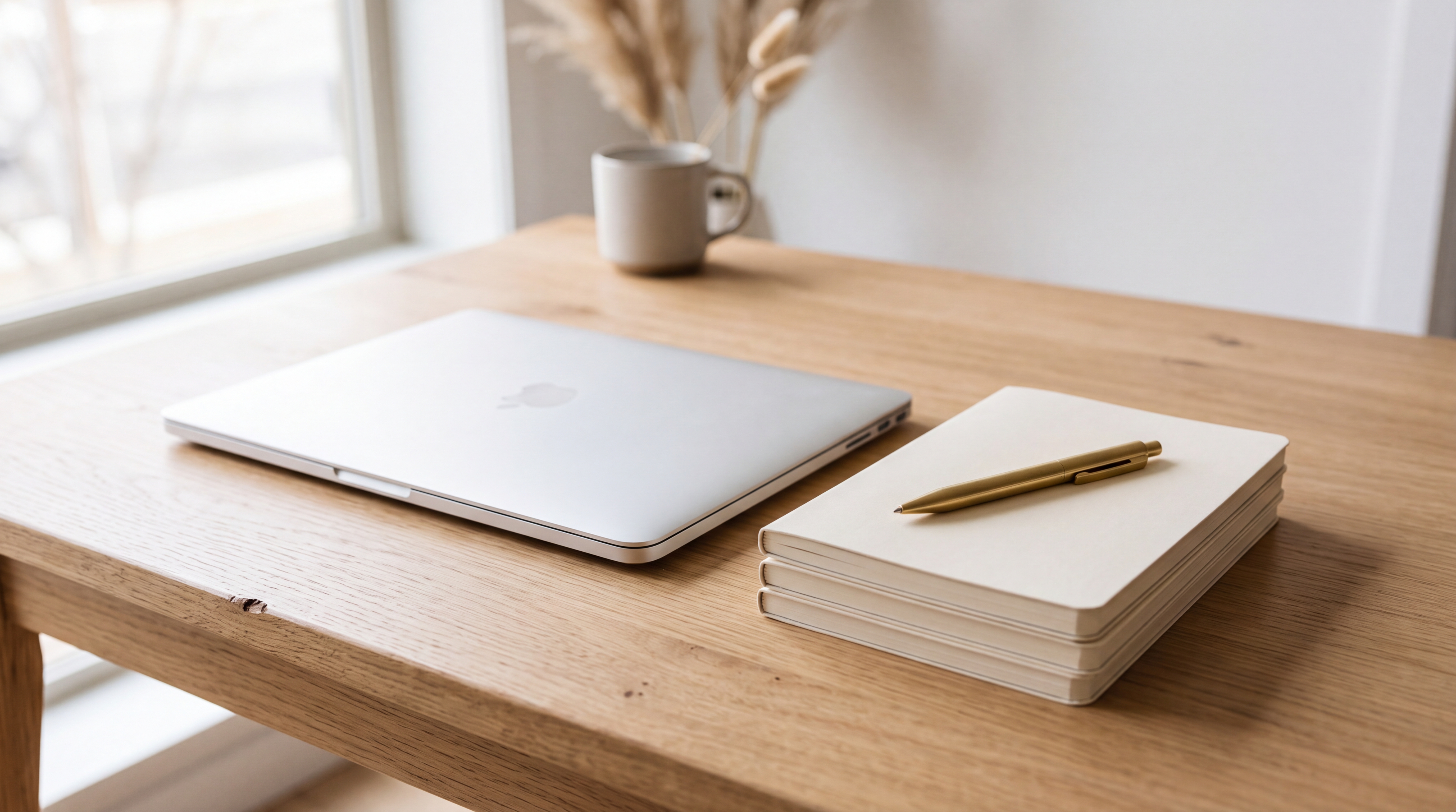 Minimalist wooden desk featuring a closed silver laptop, a brass pen, and a neat stack of notebooks.