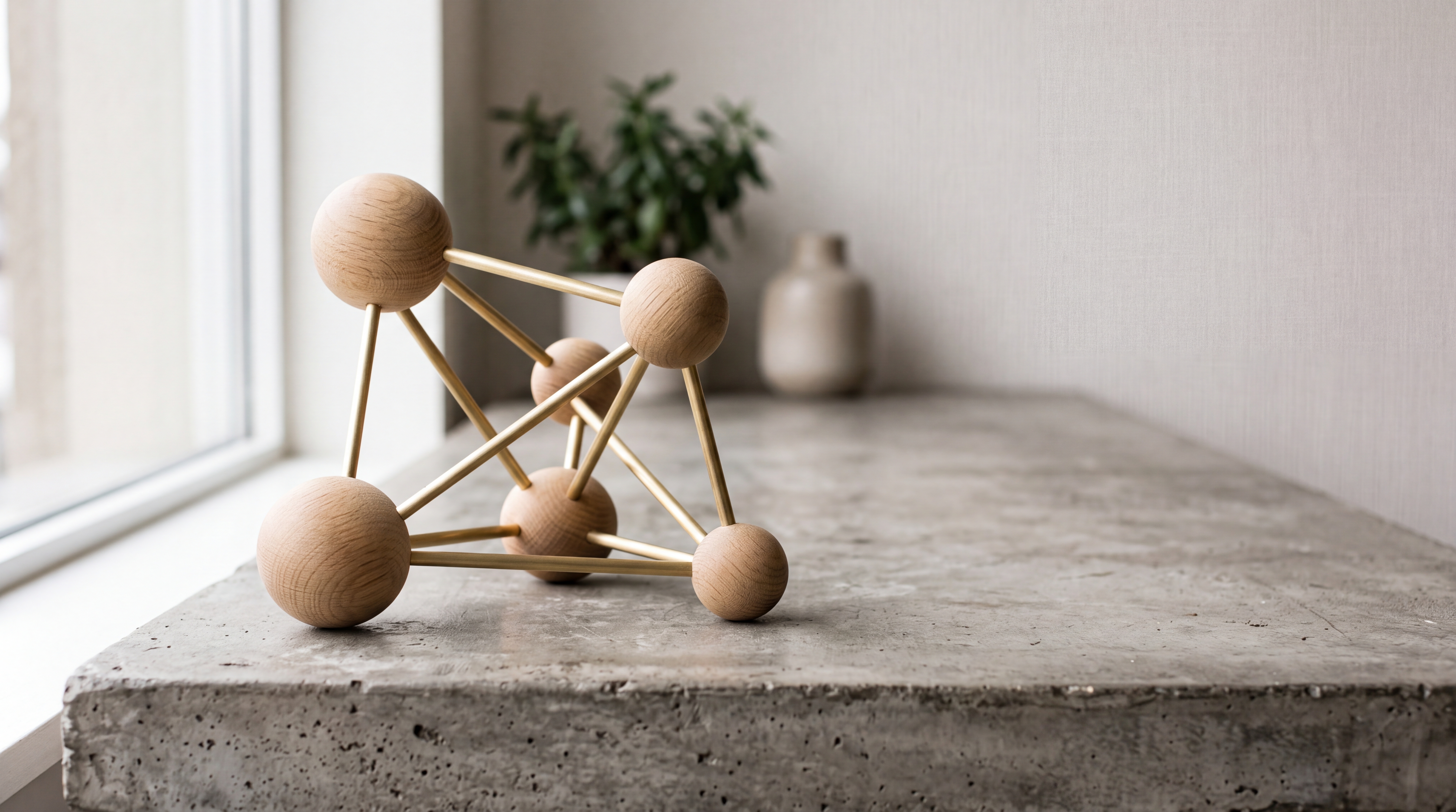 A minimalist physical network of interconnected wooden spheres and brass rods, symbolising structured data and schema markup
