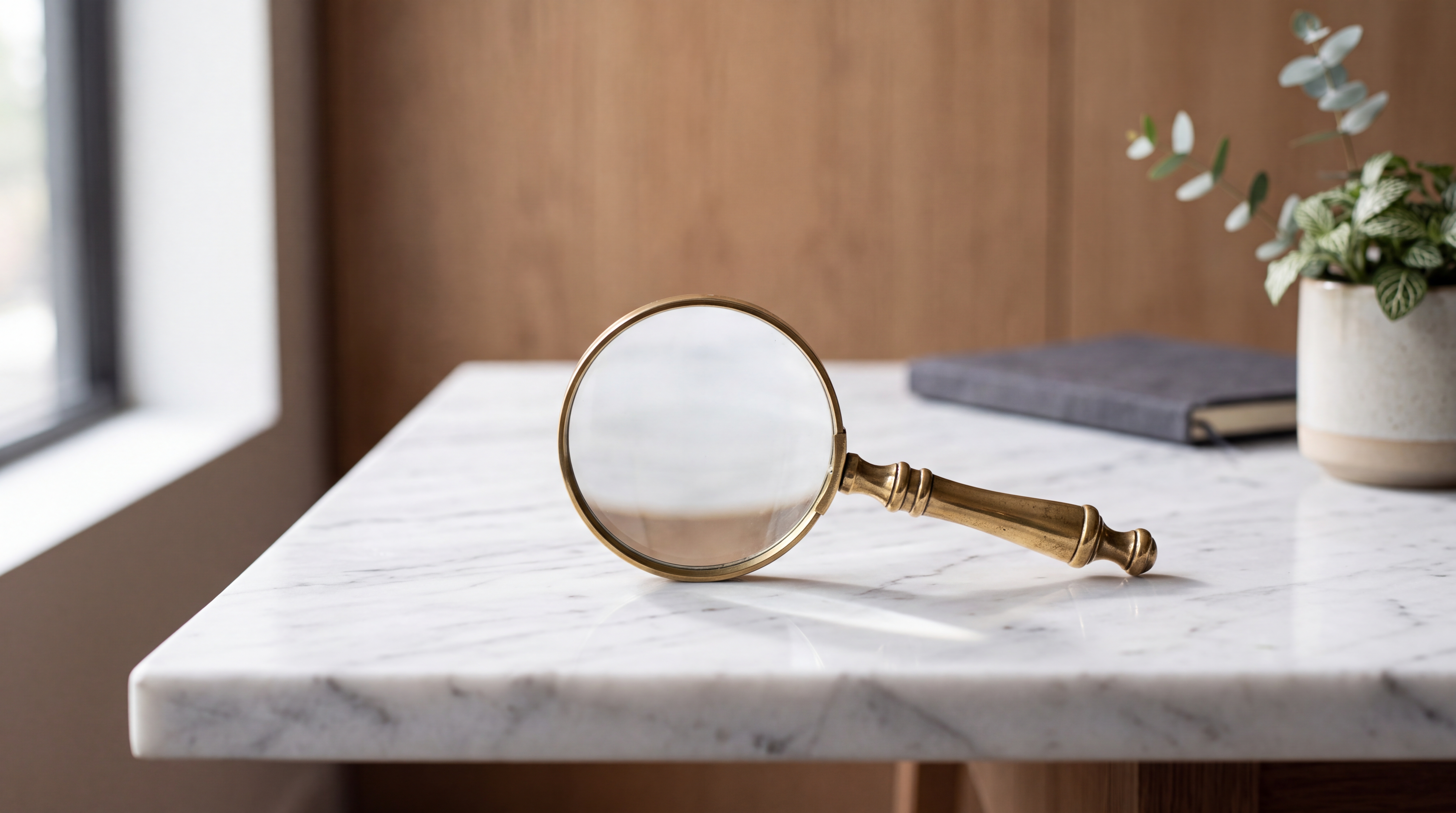 A minimalist brass magnifying glass resting on a polished white marble desk in a bright, modern office.