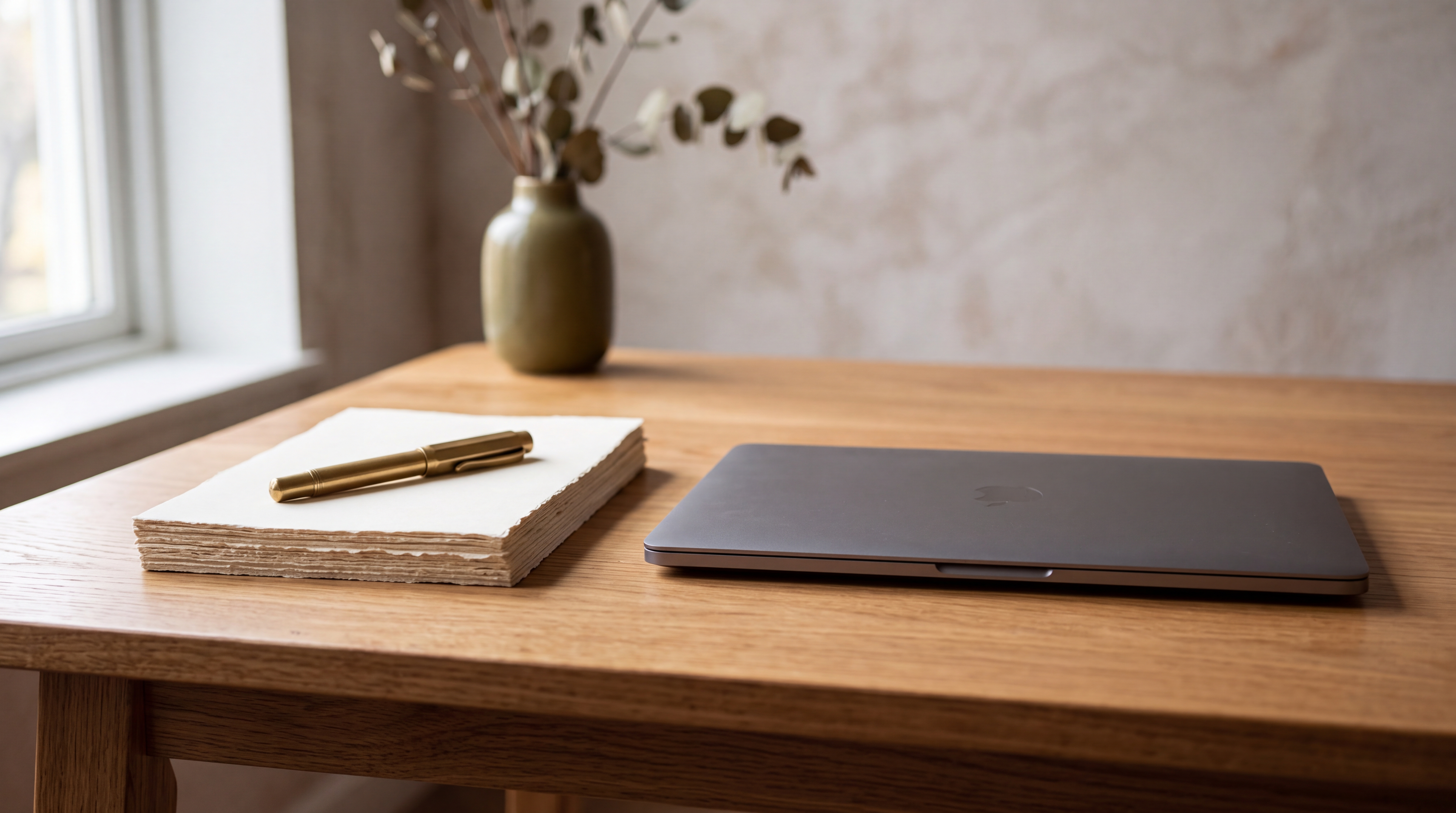 A minimalist wooden desk featuring a sleek closed laptop, a brass fountain pen, and a neat stack of premium paper in a bright modern office.
