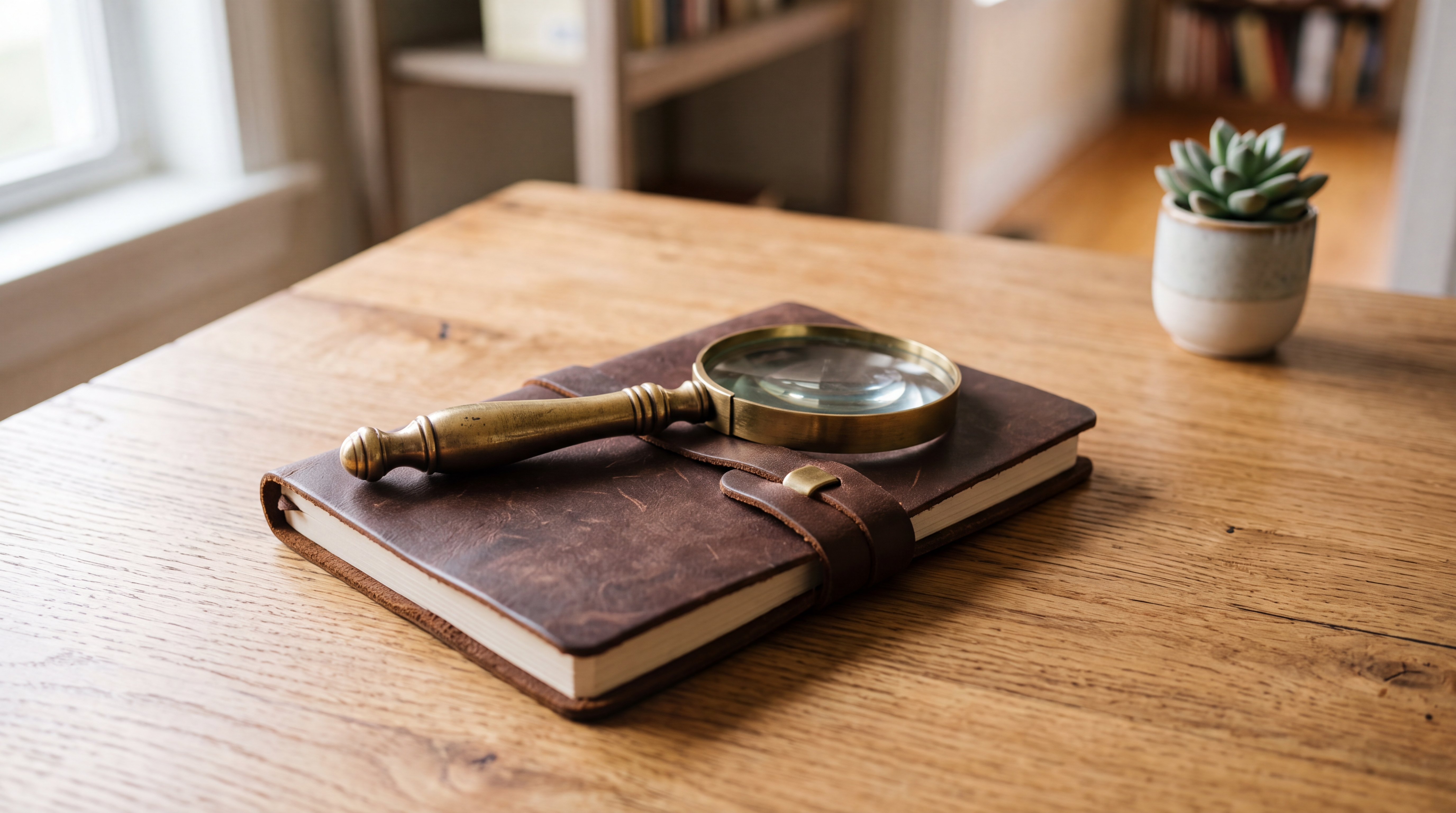 A classic brass magnifying glass resting on a closed dark leather notebook on a modern wooden office desk, symbolising research.