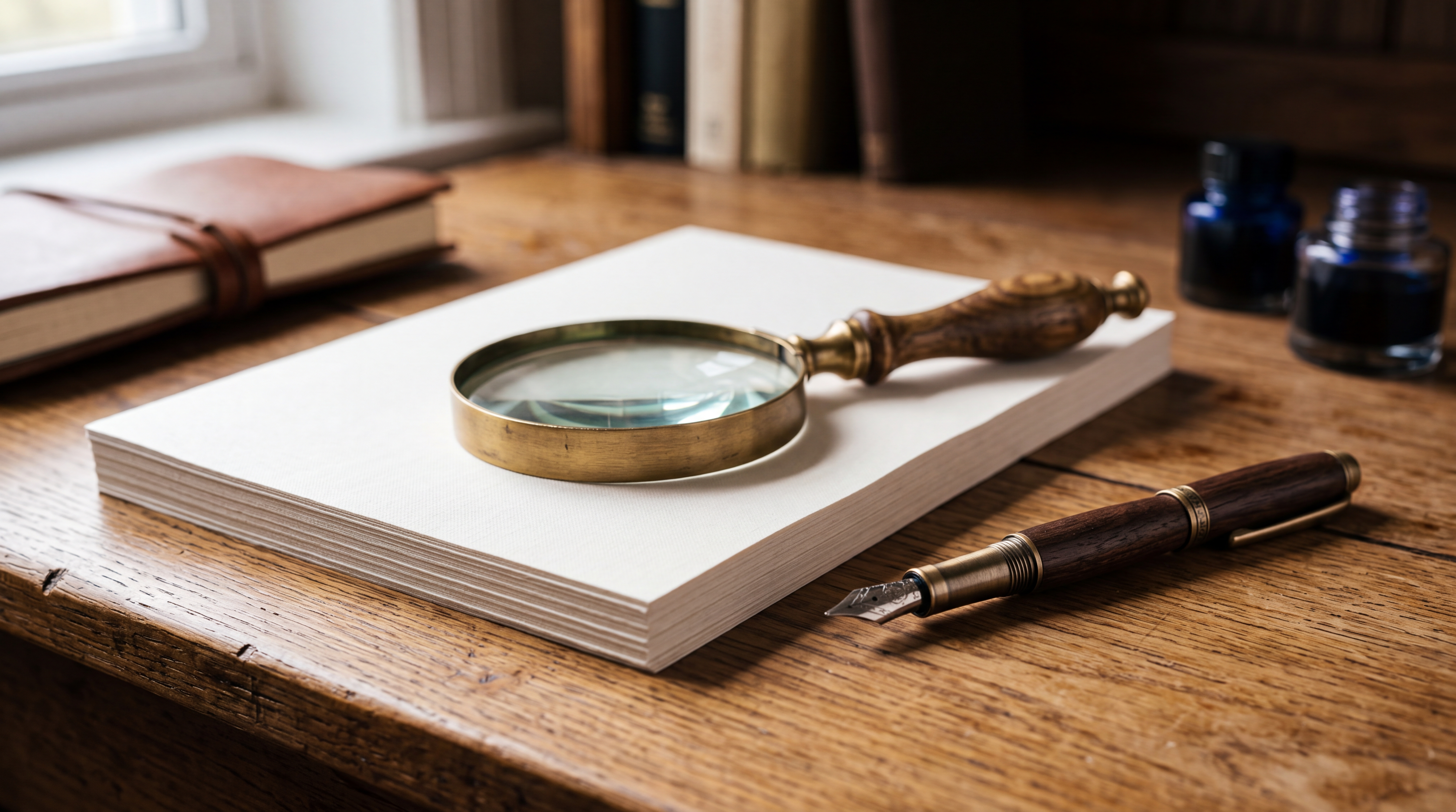 A brass magnifying glass and a fountain pen resting on a stack of documents on a wooden desk