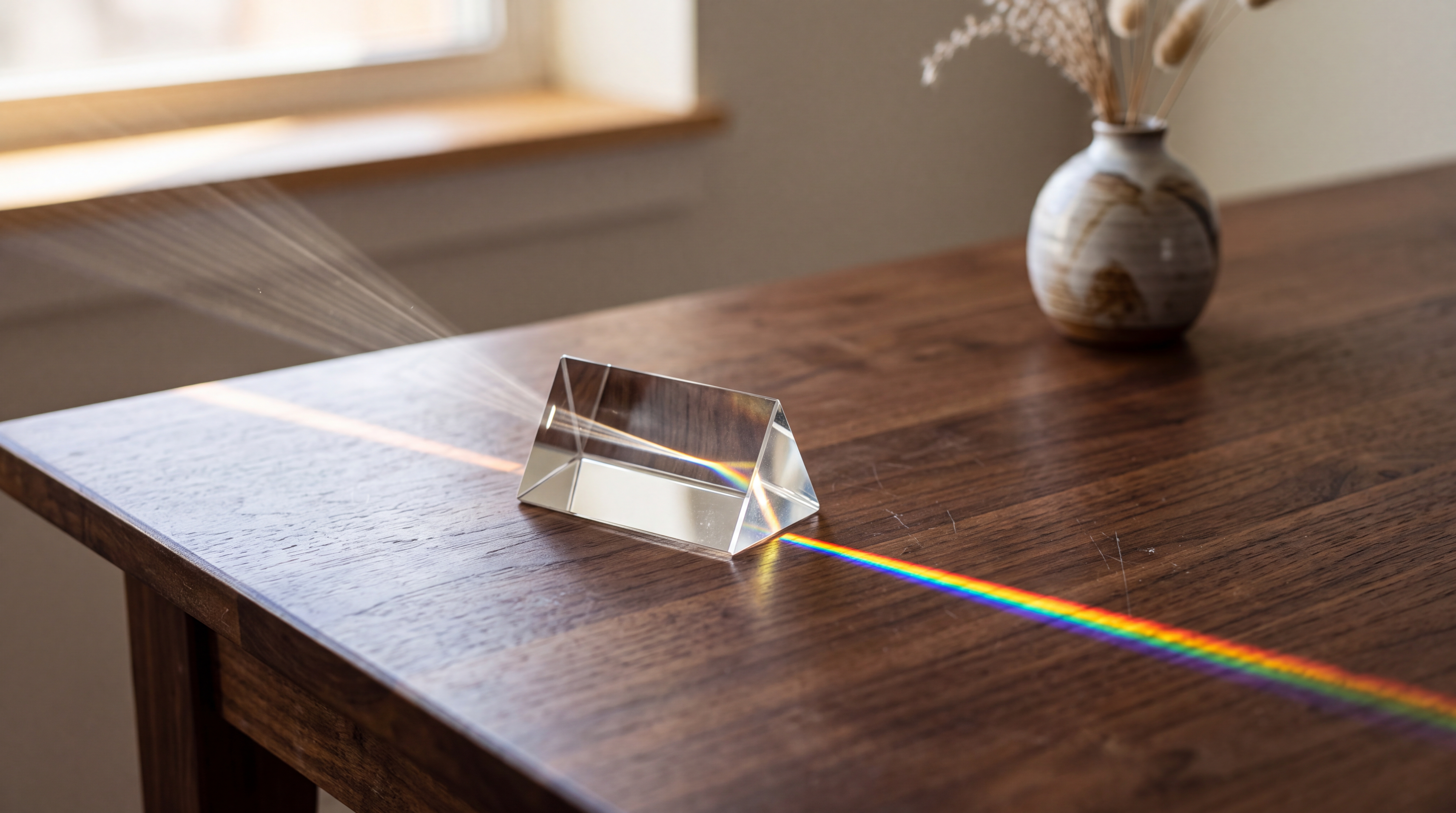 Triangular glass prism on a dark wooden desk redirecting beams of light