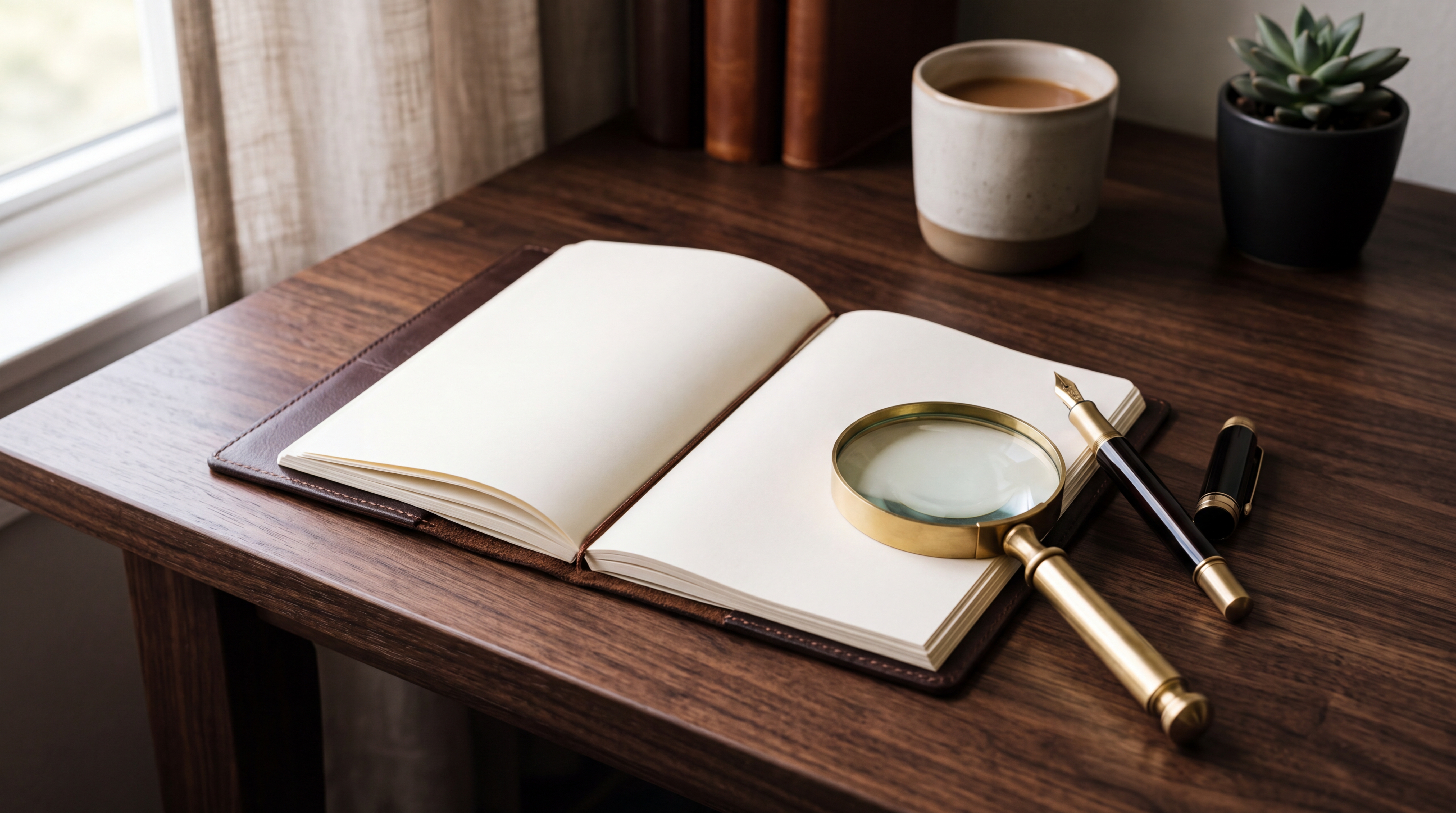 Brass magnifying glass resting beside a leather notebook and fountain pen on a polished dark wood desk