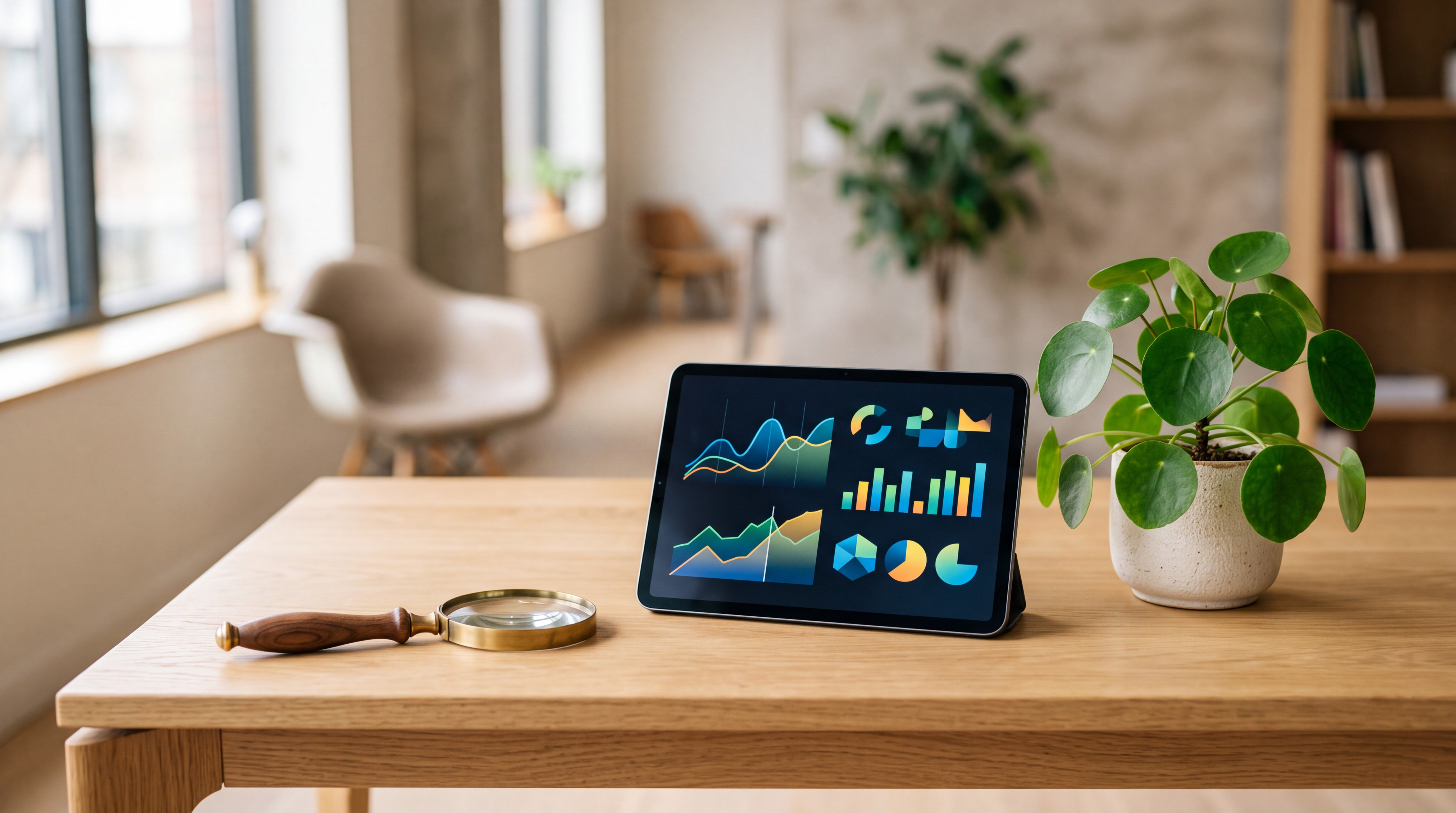 Minimalist wooden desk with a magnifying glass and a tablet showing abstract graph visuals