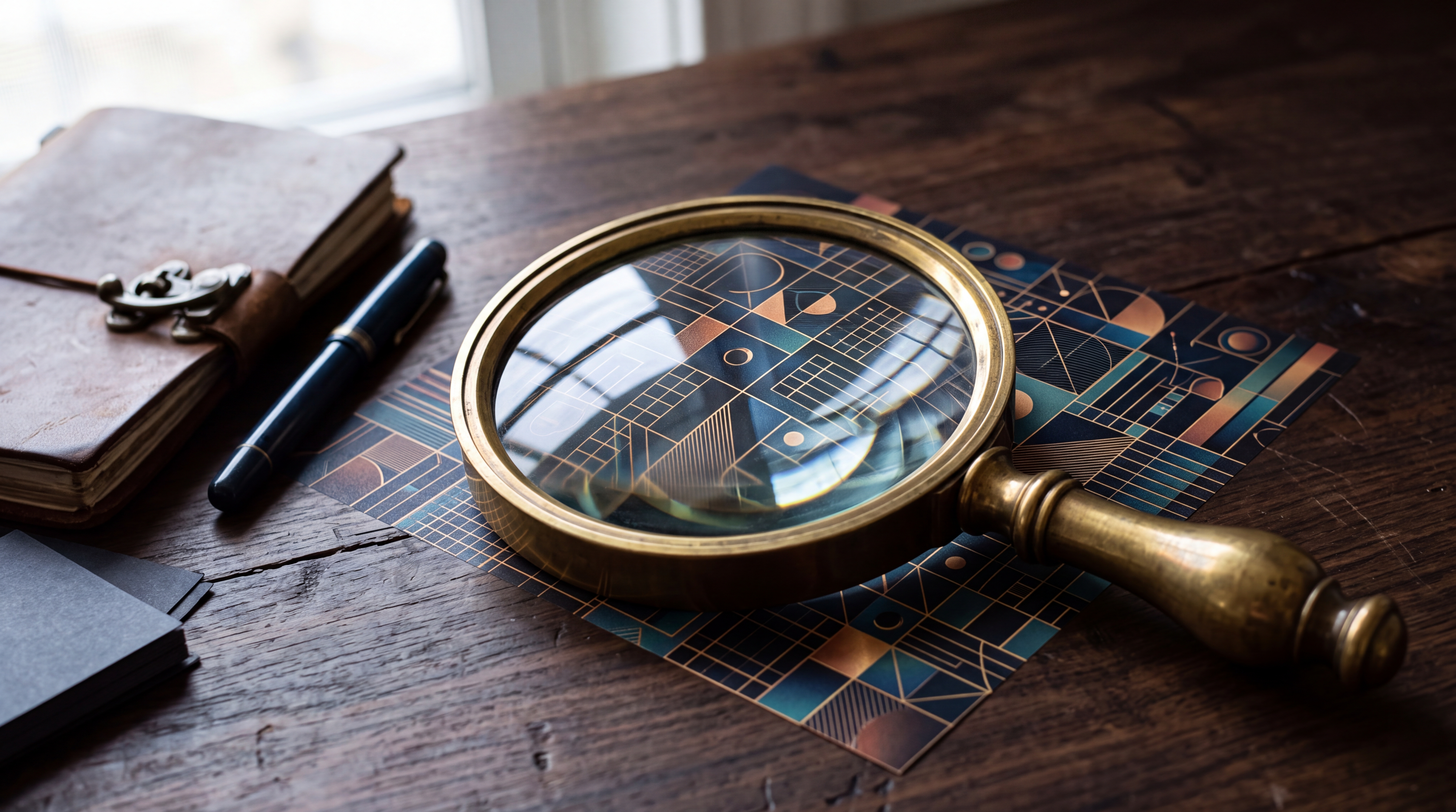Brass magnifying glass lying over an abstract geometric growth graph on a dark wooden surface
