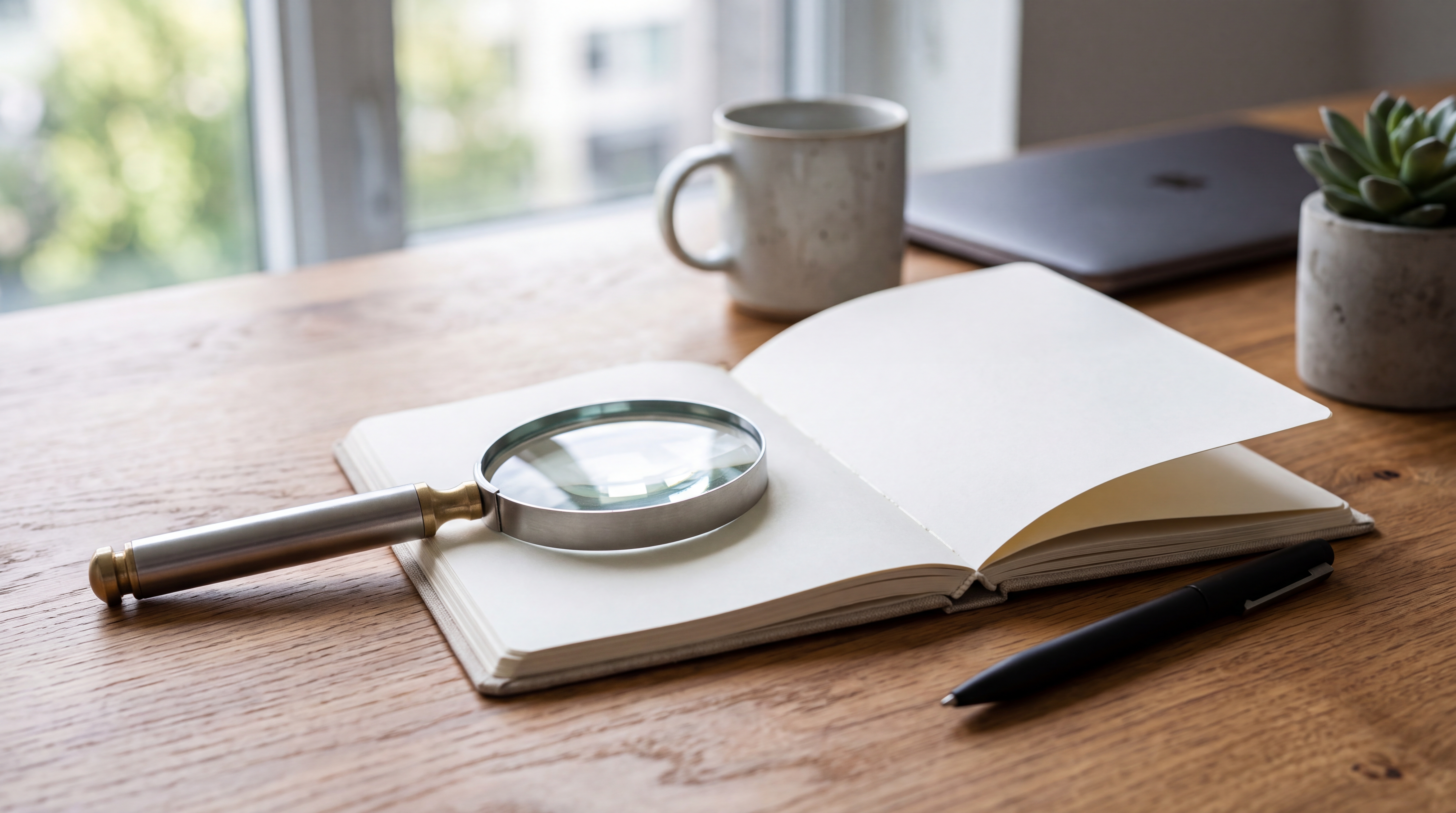 A magnifying glass and fountain pen on a dark wooden desk beside a blank notebook