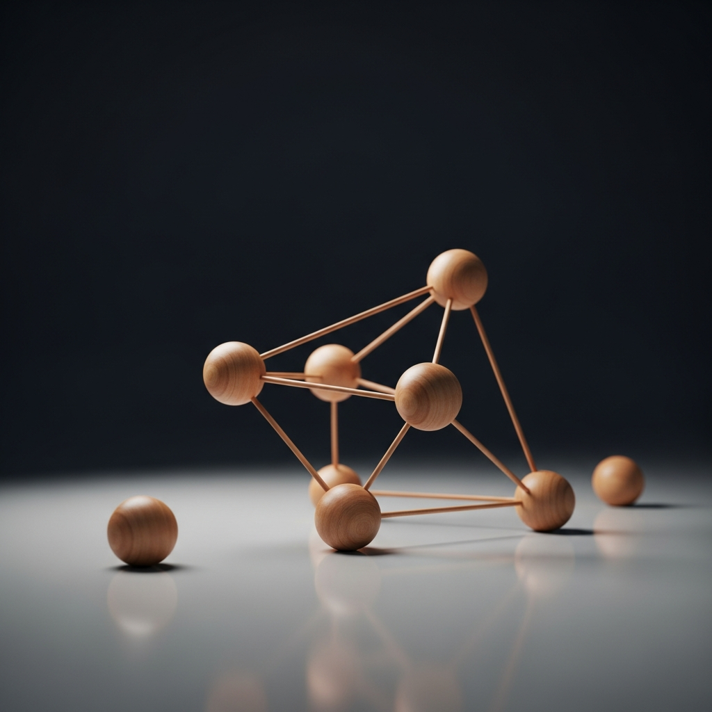 A minimalist network of interconnected wooden spheres on a sleek desk representing content structure